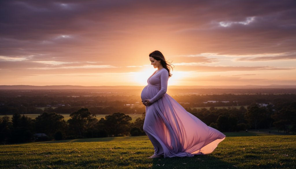 An expectant mother, silhouetted against a dramatic sunset over a serene Eumemmerring landscape, cradling her belly. The 'Eumemmerring Maternity Photography Capturing Joy' photo exudes warmth and anticipation.