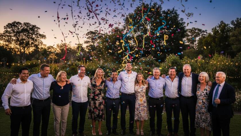 Dynamic wide shot of a multi-generational group celebrating with laughter and confetti at an outdoor Eumemmerring party, perfectly showcasing Eumemmerring Party Photography capturing authentic joy in Victoria, with professional lighting highlighting their expressions against a warm, dusk sky.