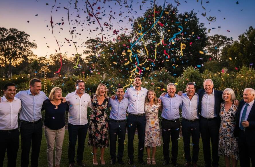 Dynamic wide shot of a multi-generational group celebrating with laughter and confetti at an outdoor Eumemmerring party, perfectly showcasing Eumemmerring Party Photography capturing authentic joy in Victoria, with professional lighting highlighting their expressions against a warm, dusk sky.