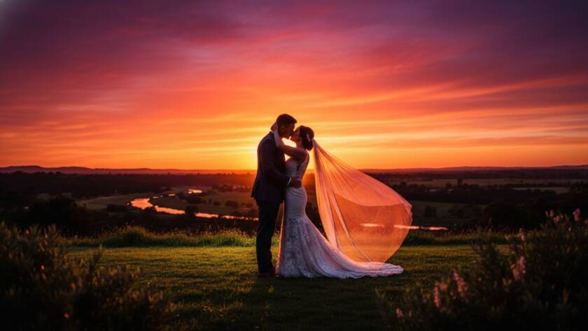 Eumemmerring Wedding Photography Enchanting Moments Captured: A stunning wide-angle shot of a newlywed couple sharing an intimate kiss under a dramatic sunset sky at Tirhatuan Park, with vibrant colours and a dreamy, cinematic feel, perfect for an epic portfolio piece.