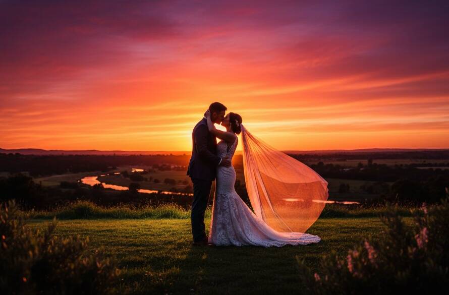Eumemmerring Wedding Photography Enchanting Moments Captured: A stunning wide-angle shot of a newlywed couple sharing an intimate kiss under a dramatic sunset sky at Tirhatuan Park, with vibrant colours and a dreamy, cinematic feel, perfect for an epic portfolio piece.