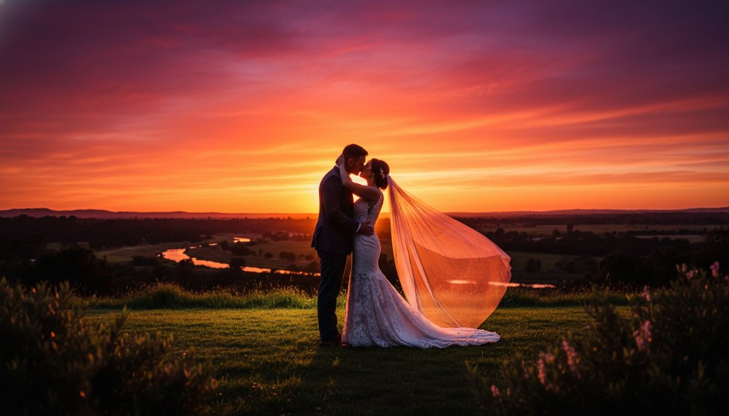 Eumemmerring Wedding Photography Enchanting Moments Captured: A stunning wide-angle shot of a newlywed couple sharing an intimate kiss under a dramatic sunset sky at Tirhatuan Park, with vibrant colours and a dreamy, cinematic feel, perfect for an epic portfolio piece.