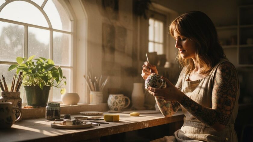 Dramatic, high-angle shot showcasing Eureka Victoria bespoke advertising photography, capturing a local artisan proudly presenting their handcrafted ceramic mug in a rustic workshop bathed in golden hour light, reflecting dedication and quality.