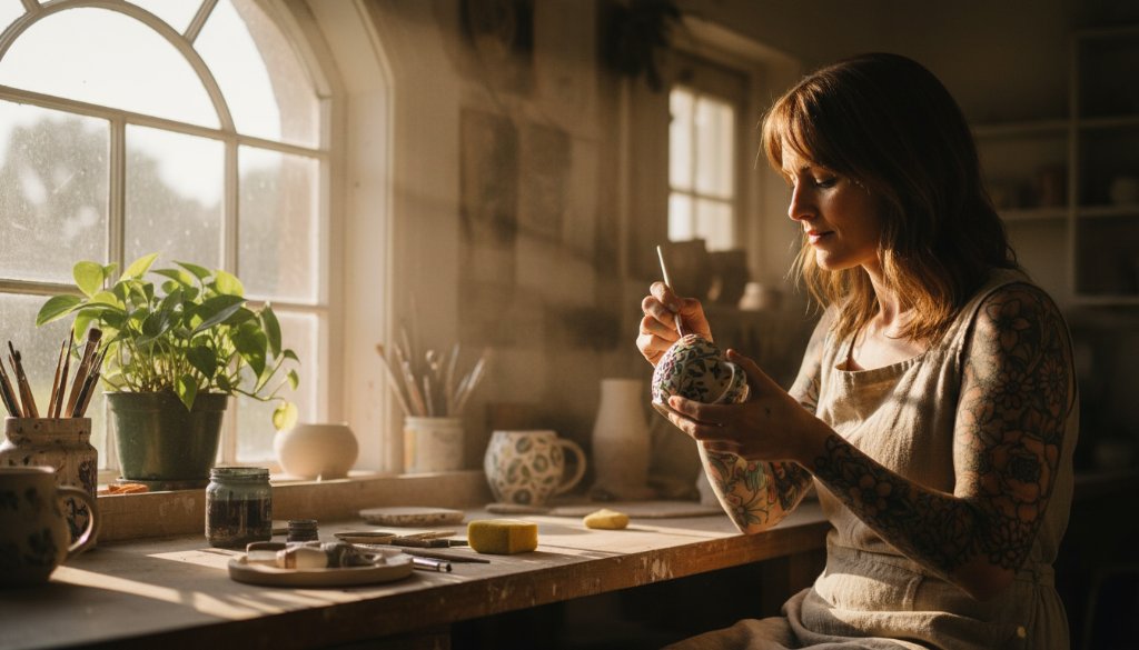 Dramatic, high-angle shot showcasing Eureka Victoria bespoke advertising photography, capturing a local artisan proudly presenting their handcrafted ceramic mug in a rustic workshop bathed in golden hour light, reflecting dedication and quality.