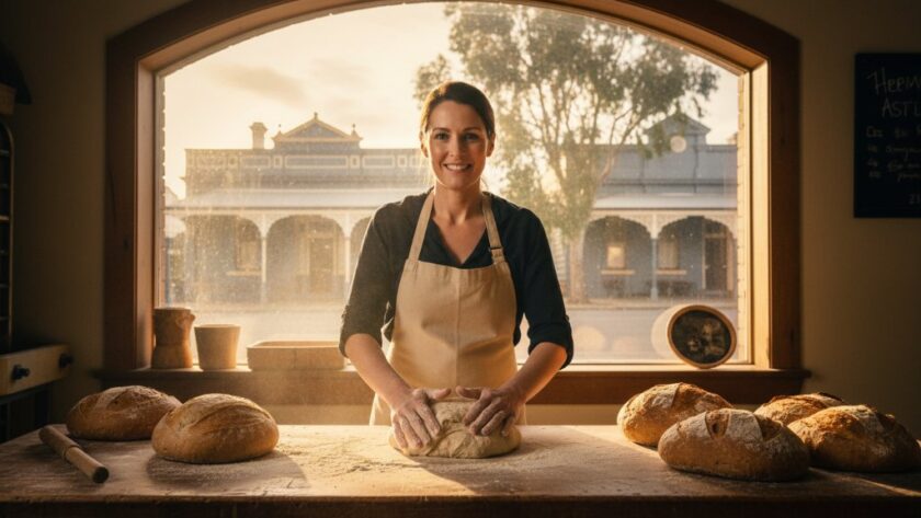 An epic moment photograph showcasing a vibrant small business owner in Eureka, Victoria, passionately interacting with a client inside their warmly lit local cafe, perfectly exemplifying Eureka Victoria commercial photography for local businesses, with the cafe's rustic charm and a hint of the town's historical architecture visible through a large window, bathed in golden hour light.