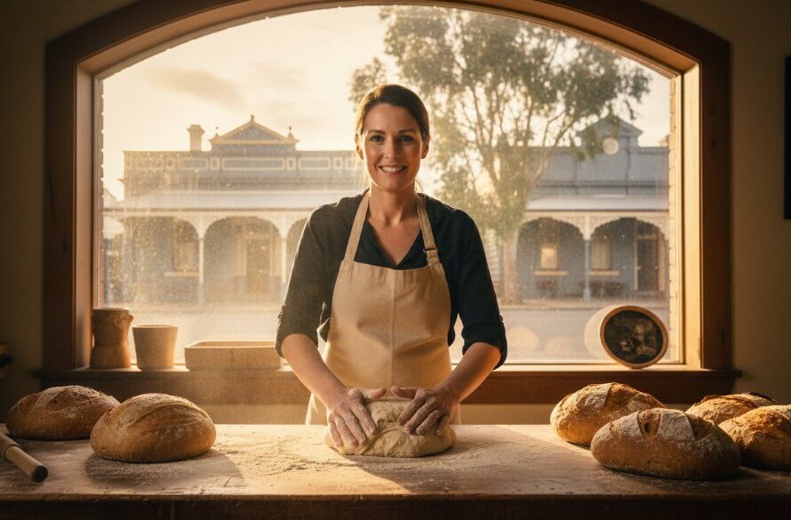 An epic moment photograph showcasing a vibrant small business owner in Eureka, Victoria, passionately interacting with a client inside their warmly lit local cafe, perfectly exemplifying Eureka Victoria commercial photography for local businesses, with the cafe's rustic charm and a hint of the town's historical architecture visible through a large window, bathed in golden hour light.