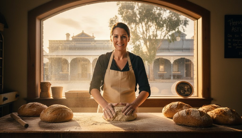 An epic moment photograph showcasing a vibrant small business owner in Eureka, Victoria, passionately interacting with a client inside their warmly lit local cafe, perfectly exemplifying Eureka Victoria commercial photography for local businesses, with the cafe's rustic charm and a hint of the town's historical architecture visible through a large window, bathed in golden hour light.