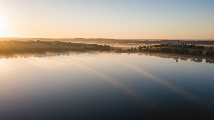 An epic moment of Eureka Victoria drone photography unique perspectives, showcasing a majestic sunrise over the tranquil Lake Burrumbeet with the distant historical goldfields of Eureka, Victoria, Australia, captured from a high aerial perspective with cinematic lighting.