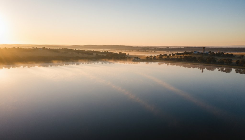 An epic moment of Eureka Victoria drone photography unique perspectives, showcasing a majestic sunrise over the tranquil Lake Burrumbeet with the distant historical goldfields of Eureka, Victoria, Australia, captured from a high aerial perspective with cinematic lighting.