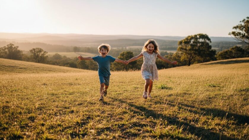 A heartwarming, professionally colour-graded photograph capturing joyful Eureka Victoria family adventure photography, showing two children laughing as they run through a sunlit, grassy field near the Eureka Stockade Memorial Park, with parents watching from a distance, evoking a sense of freedom and connection.