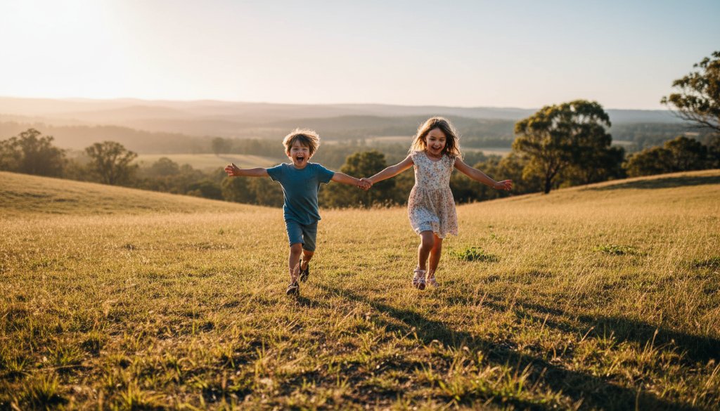 A heartwarming, professionally colour-graded photograph capturing joyful Eureka Victoria family adventure photography, showing two children laughing as they run through a sunlit, grassy field near the Eureka Stockade Memorial Park, with parents watching from a distance, evoking a sense of freedom and connection.