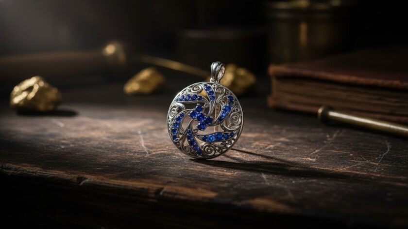 A dramatically lit close-up of a meticulously crafted artisan silver pendant, showcasing intricate details and brilliant facets, captured with expert Eureka Victoria Handcrafted Jewellery Product Photography against a rustic, heritage-inspired backdrop, evoking the spirit of the gold rush era.