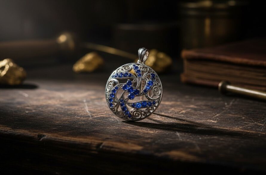 A dramatically lit close-up of a meticulously crafted artisan silver pendant, showcasing intricate details and brilliant facets, captured with expert Eureka Victoria Handcrafted Jewellery Product Photography against a rustic, heritage-inspired backdrop, evoking the spirit of the gold rush era.