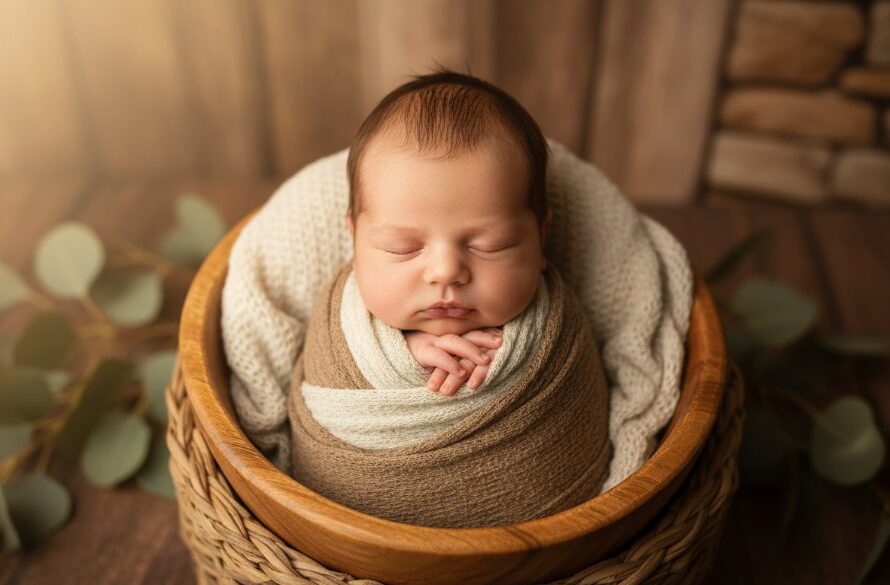 An epic, emotionally resonant photograph capturing Eureka Victoria newborn photography authentic moments, featuring a baby nestled peacefully in a rustic, beautifully lit setting with soft, dramatic natural light filtering through eucalyptus trees, evoking a sense of tranquility and new beginnings.