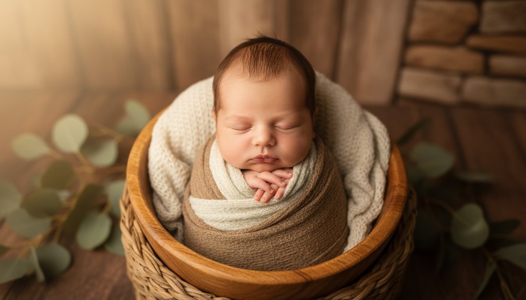 An epic, emotionally resonant photograph capturing Eureka Victoria newborn photography authentic moments, featuring a baby nestled peacefully in a rustic, beautifully lit setting with soft, dramatic natural light filtering through eucalyptus trees, evoking a sense of tranquility and new beginnings.