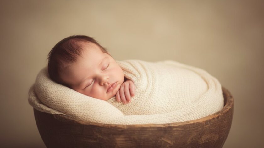 A heartwarming, professionally composed studio photograph featuring a peacefully sleeping newborn baby wrapped in soft, earthy-toned fabric, gently held in a parent's hands, bathed in a soft, warm glow, epitomizing Eureka Victoria newborn photography timeless captures and the profound bond between parent and child.