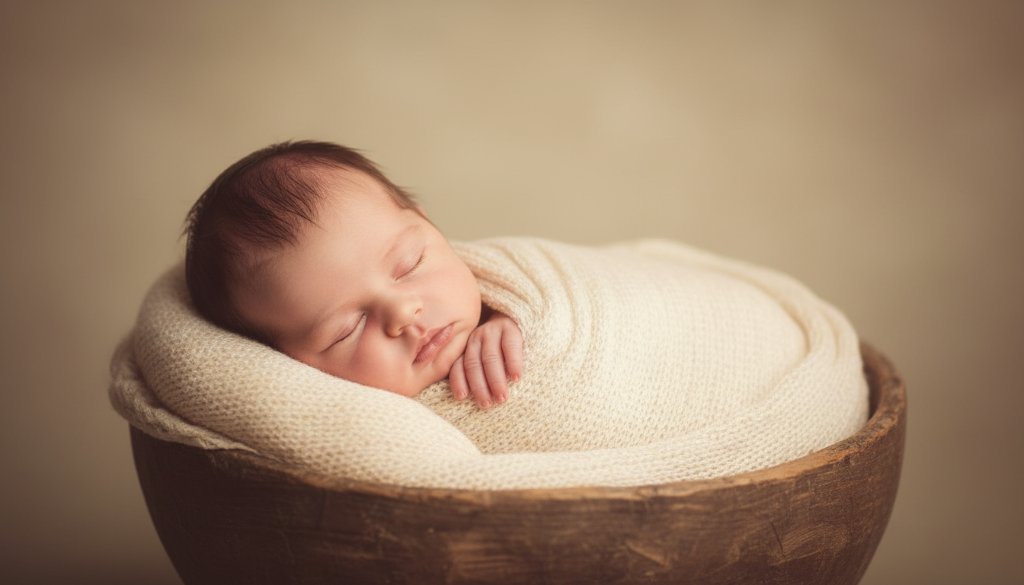 A heartwarming, professionally composed studio photograph featuring a peacefully sleeping newborn baby wrapped in soft, earthy-toned fabric, gently held in a parent's hands, bathed in a soft, warm glow, epitomizing Eureka Victoria newborn photography timeless captures and the profound bond between parent and child.