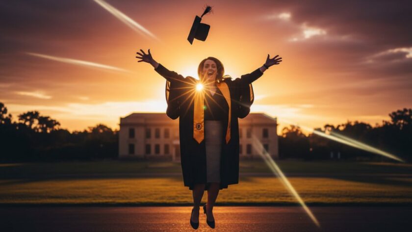 A jubilant graduate, cap thrown high, stands proudly in front of the Eureka Centre in Eureka, Victoria, bathed in golden hour light, celebrating their Eureka Victoria professional graduation photography moments, captured in an epic, wide-angle shot.