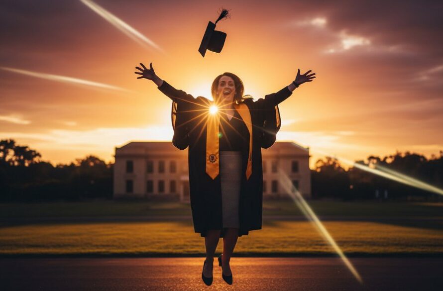 A jubilant graduate, cap thrown high, stands proudly in front of the Eureka Centre in Eureka, Victoria, bathed in golden hour light, celebrating their Eureka Victoria professional graduation photography moments, captured in an epic, wide-angle shot.