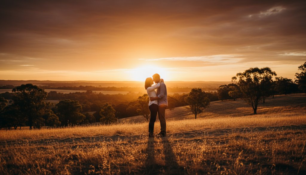 A couple shares a tender moment amidst the golden light of the Eureka goldfields, featuring authentic Eureka Victoria rustic engagement photography capturing their love story.