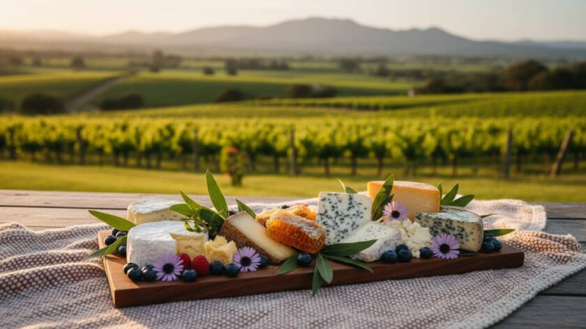 An epic moment captured: a vibrant, professionally lit product shot of a gourmet food item on a rustic timber table, overlooking the rolling hills of Wonga Park at sunset, with soft golden hour light highlighting textures. This exceptional advertising photography Wonga Park businesses need showcases quality and local charm.