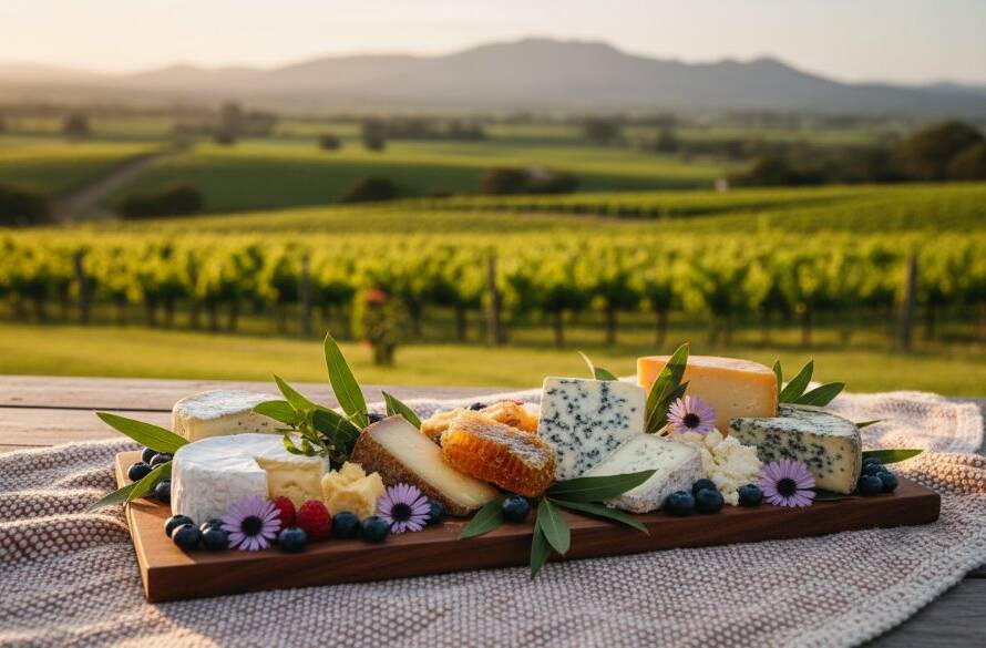 An epic moment captured: a vibrant, professionally lit product shot of a gourmet food item on a rustic timber table, overlooking the rolling hills of Wonga Park at sunset, with soft golden hour light highlighting textures. This exceptional advertising photography Wonga Park businesses need showcases quality and local charm.