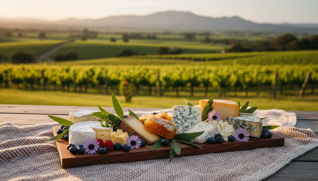 An epic moment captured: a vibrant, professionally lit product shot of a gourmet food item on a rustic timber table, overlooking the rolling hills of Wonga Park at sunset, with soft golden hour light highlighting textures. This exceptional advertising photography Wonga Park businesses need showcases quality and local charm.