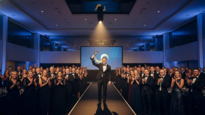 Dynamic wide-angle shot showcasing the energy of an exceptional corporate event photography Chadstone Victoria, with a keynote speaker on stage, engaged audience, and dramatic stage lighting highlighting key interactions.