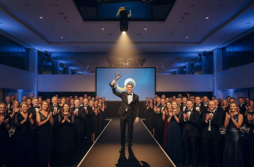 Dynamic wide-angle shot showcasing the energy of an exceptional corporate event photography Chadstone Victoria, with a keynote speaker on stage, engaged audience, and dramatic stage lighting highlighting key interactions.