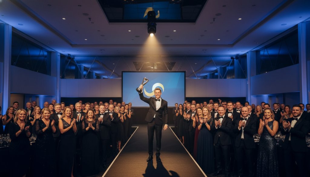 Dynamic wide-angle shot showcasing the energy of an exceptional corporate event photography Chadstone Victoria, with a keynote speaker on stage, engaged audience, and dramatic stage lighting highlighting key interactions.