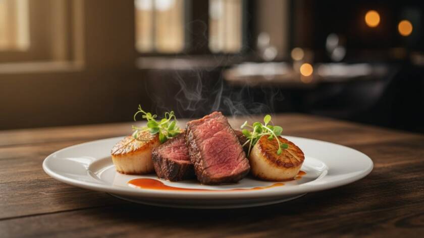 An epic, dramatically lit close-up of a beautifully plated gourmet dish, possibly a vibrant dessert or an artisanal main course, captured with exceptional food photography Nunawading for local eateries, showcasing textures and steam against a softly blurred Nunawading cafe interior.