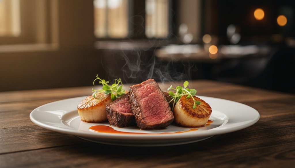 An epic, dramatically lit close-up of a beautifully plated gourmet dish, possibly a vibrant dessert or an artisanal main course, captured with exceptional food photography Nunawading for local eateries, showcasing textures and steam against a softly blurred Nunawading cafe interior.