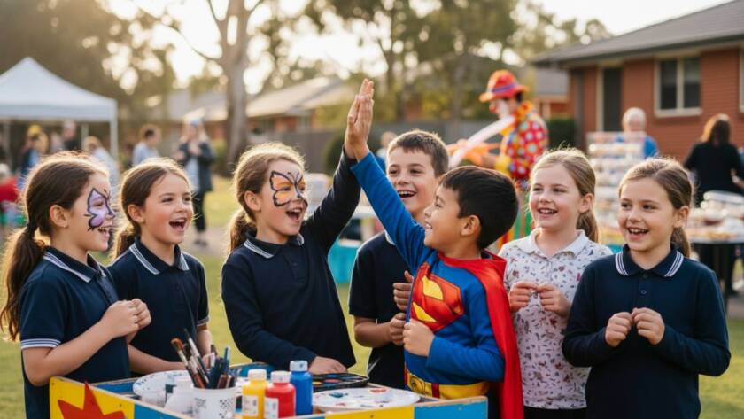 An epic moment captured: a group of diverse primary school children in Mount Waverley, joyfully laughing and interacting outdoors, bathed in warm, golden hour sunlight, showcasing exceptional Mount Waverley school photography for vibrant student memories.