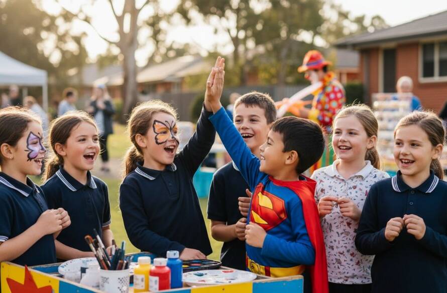 An epic moment captured: a group of diverse primary school children in Mount Waverley, joyfully laughing and interacting outdoors, bathed in warm, golden hour sunlight, showcasing exceptional Mount Waverley school photography for vibrant student memories.