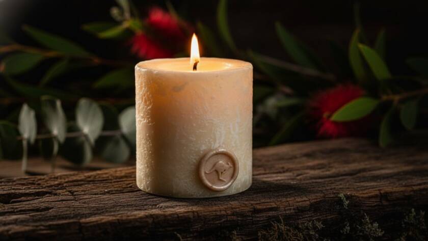Dramatic, cinematic close-up of a meticulously handcrafted, artisanal Langwarrin-made candle, with molten wax subtly dripping, surrounded by gently blurred native Australian botanicals, showcasing the essence of exceptional product photography Langwarrin local businesses can leverage for compelling branding and online sales.