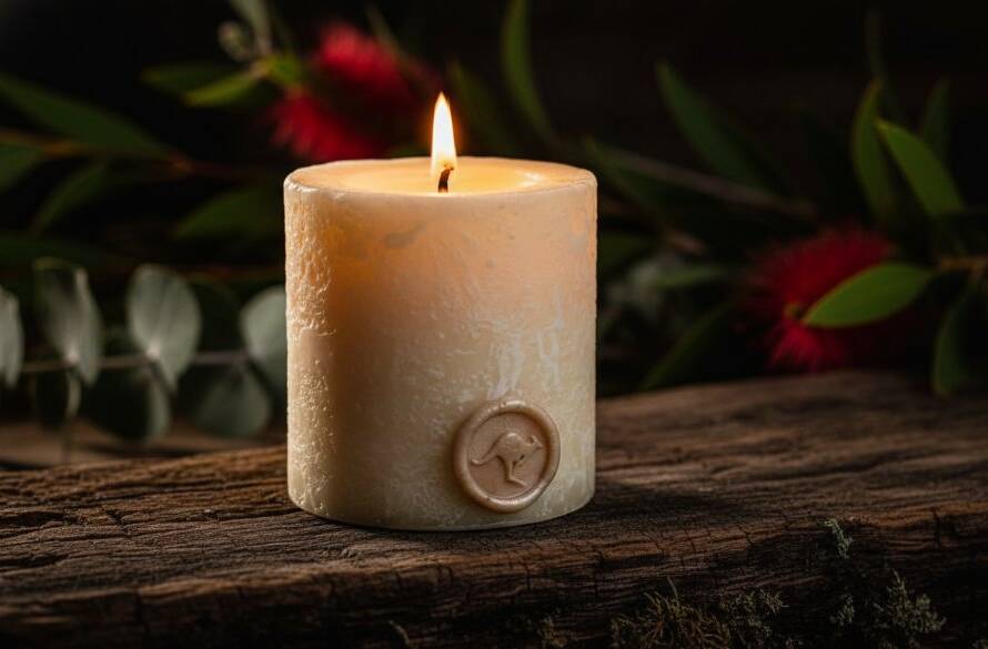 Dramatic, cinematic close-up of a meticulously handcrafted, artisanal Langwarrin-made candle, with molten wax subtly dripping, surrounded by gently blurred native Australian botanicals, showcasing the essence of exceptional product photography Langwarrin local businesses can leverage for compelling branding and online sales.