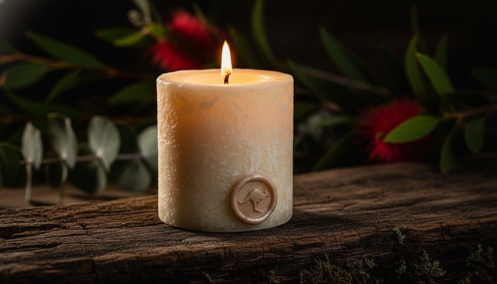 Dramatic, cinematic close-up of a meticulously handcrafted, artisanal Langwarrin-made candle, with molten wax subtly dripping, surrounded by gently blurred native Australian botanicals, showcasing the essence of exceptional product photography Langwarrin local businesses can leverage for compelling branding and online sales.