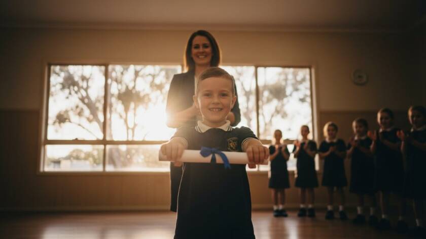 An 'epic moment' photograph showcasing joyful students celebrating graduation at a Bayswater North primary school, with natural light illuminating their excited faces and a teacher applauding in the background. This image exemplifies exceptional school photography Bayswater North Vic for lasting memories, capturing genuine emotion and vibrant community spirit.