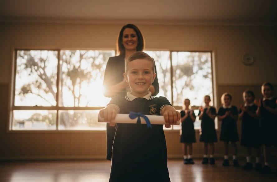 An 'epic moment' photograph showcasing joyful students celebrating graduation at a Bayswater North primary school, with natural light illuminating their excited faces and a teacher applauding in the background. This image exemplifies exceptional school photography Bayswater North Vic for lasting memories, capturing genuine emotion and vibrant community spirit.