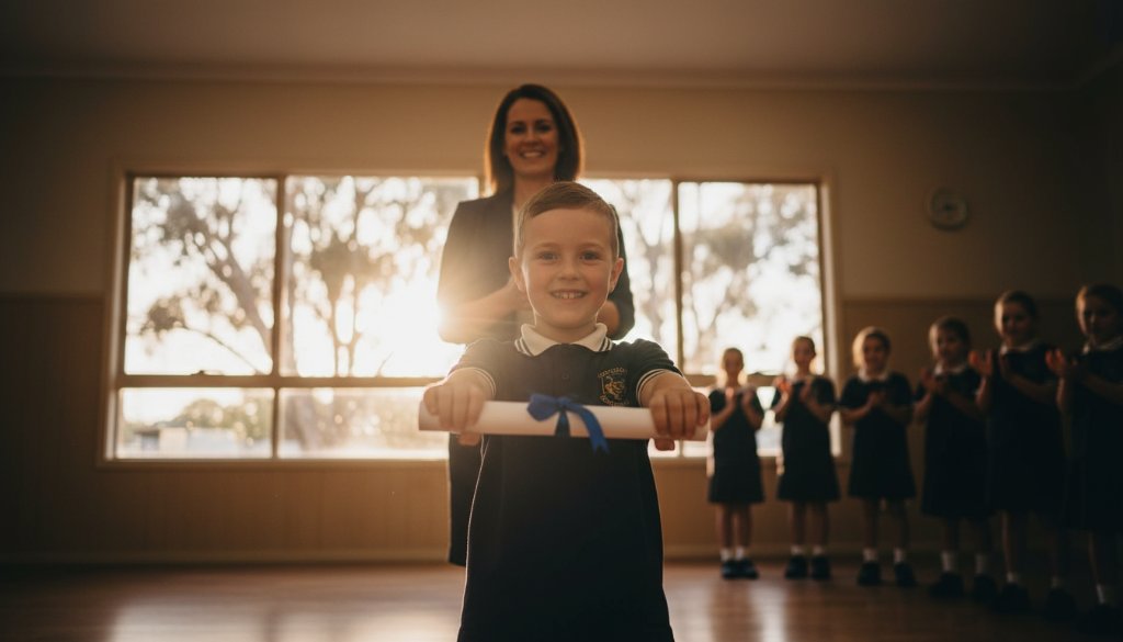 An 'epic moment' photograph showcasing joyful students celebrating graduation at a Bayswater North primary school, with natural light illuminating their excited faces and a teacher applauding in the background. This image exemplifies exceptional school photography Bayswater North Vic for lasting memories, capturing genuine emotion and vibrant community spirit.