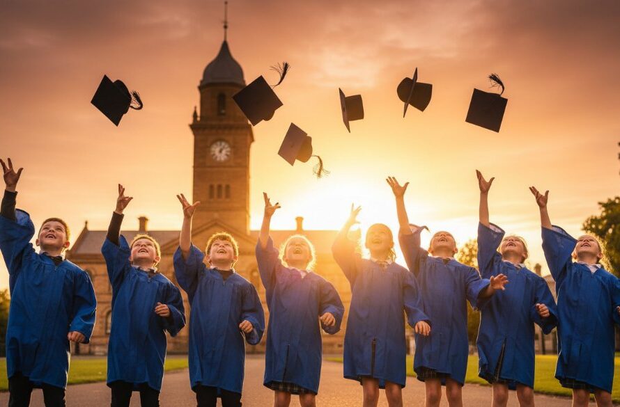 A wide-angle, vibrant, professional photograph showcasing an 'epic moment' of students celebrating at a Castlemaine primary school graduation, capturing the joy and community spirit, perfect for Exceptional School Photography Castlemaine Victoria.