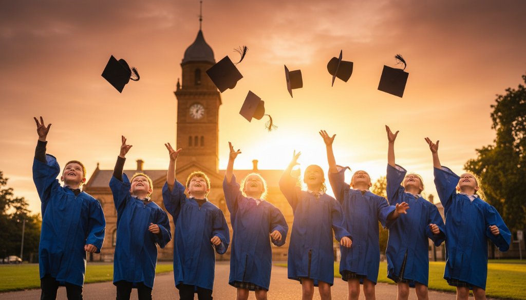 A wide-angle, vibrant, professional photograph showcasing an 'epic moment' of students celebrating at a Castlemaine primary school graduation, capturing the joy and community spirit, perfect for Exceptional School Photography Castlemaine Victoria.