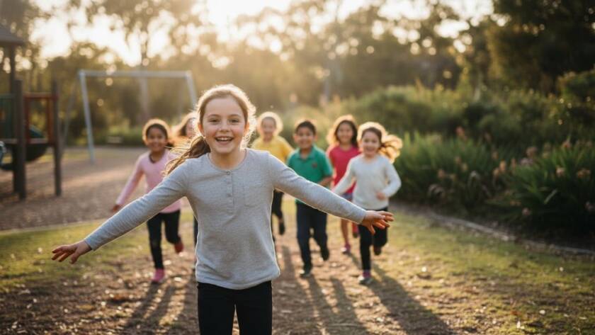 An energetic group of primary school children from Warrandyte South, laughing joyfully during an outdoor playtime, captured with warm, natural light by an exceptional school photography Warrandyte South specialist, showcasing genuine connection and childhood happiness.