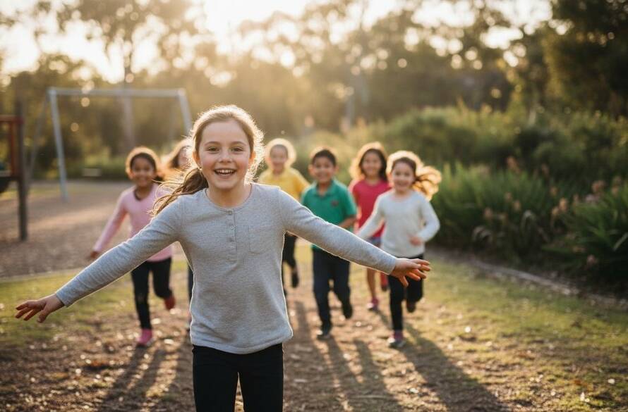 An energetic group of primary school children from Warrandyte South, laughing joyfully during an outdoor playtime, captured with warm, natural light by an exceptional school photography Warrandyte South specialist, showcasing genuine connection and childhood happiness.