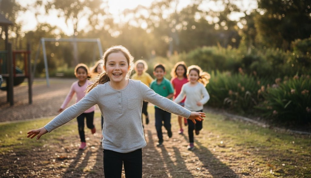 An energetic group of primary school children from Warrandyte South, laughing joyfully during an outdoor playtime, captured with warm, natural light by an exceptional school photography Warrandyte South specialist, showcasing genuine connection and childhood happiness.