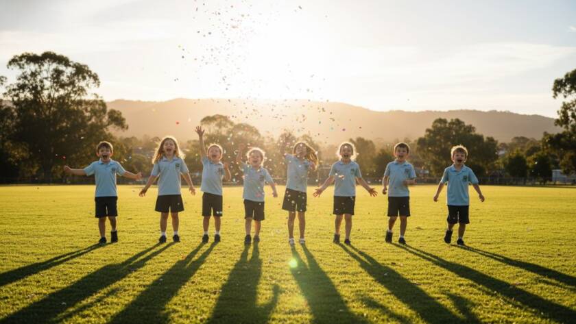 A wide-angle, cinematic photograph capturing a group of happy primary school children in Boronia, Victoria, laughing joyously as they throw their graduation caps into the air at sunset, silhouetted against a golden sky. This image exemplifies exceptional school photos Boronia Victoria, showcasing genuine emotion and professional skill.