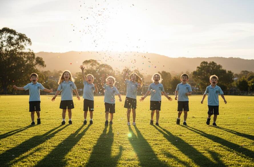 A wide-angle, cinematic photograph capturing a group of happy primary school children in Boronia, Victoria, laughing joyously as they throw their graduation caps into the air at sunset, silhouetted against a golden sky. This image exemplifies exceptional school photos Boronia Victoria, showcasing genuine emotion and professional skill.