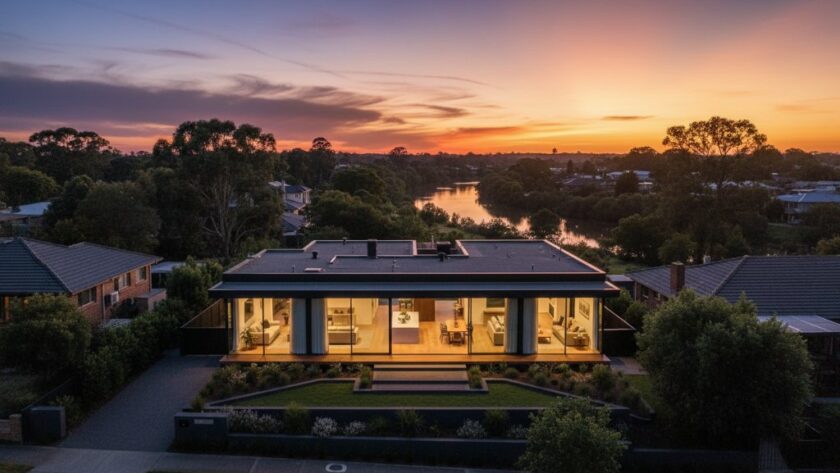 An elevated panoramic view showcasing a beautifully styled modern home in South Geelong at twilight, featuring warm interior lighting glowing against a dramatic sunset sky, highlighting the exceptional South Geelong real estate photography quality.