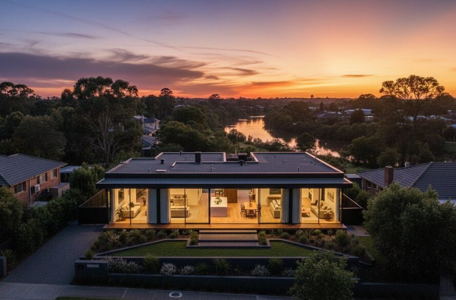 An elevated panoramic view showcasing a beautifully styled modern home in South Geelong at twilight, featuring warm interior lighting glowing against a dramatic sunset sky, highlighting the exceptional South Geelong real estate photography quality.