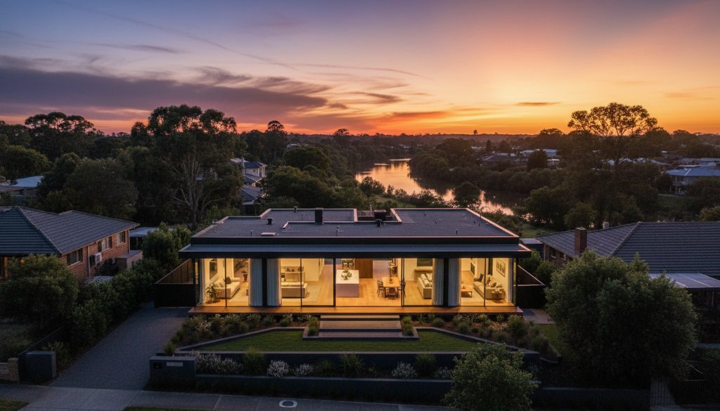 An elevated panoramic view showcasing a beautifully styled modern home in South Geelong at twilight, featuring warm interior lighting glowing against a dramatic sunset sky, highlighting the exceptional South Geelong real estate photography quality.